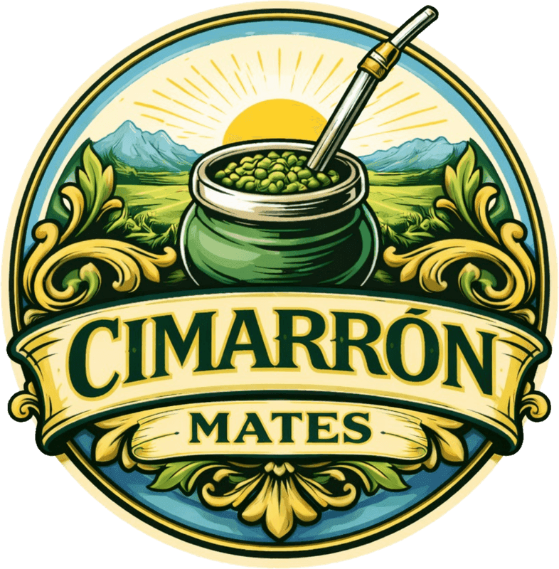 Emblema de Cimarrón Mates: un mate con bombilla sobre el campo argentino al amanecer